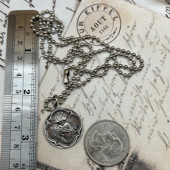 Silver Steel Flaming Sacred Heart Religious Medal Charm Pendant Long Steel Cha… - Picture 2 of 6